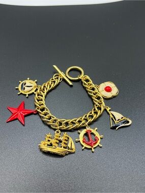 Gold Nautical Charm Bracelet with Red Star & Ship Charms Red White Blue
